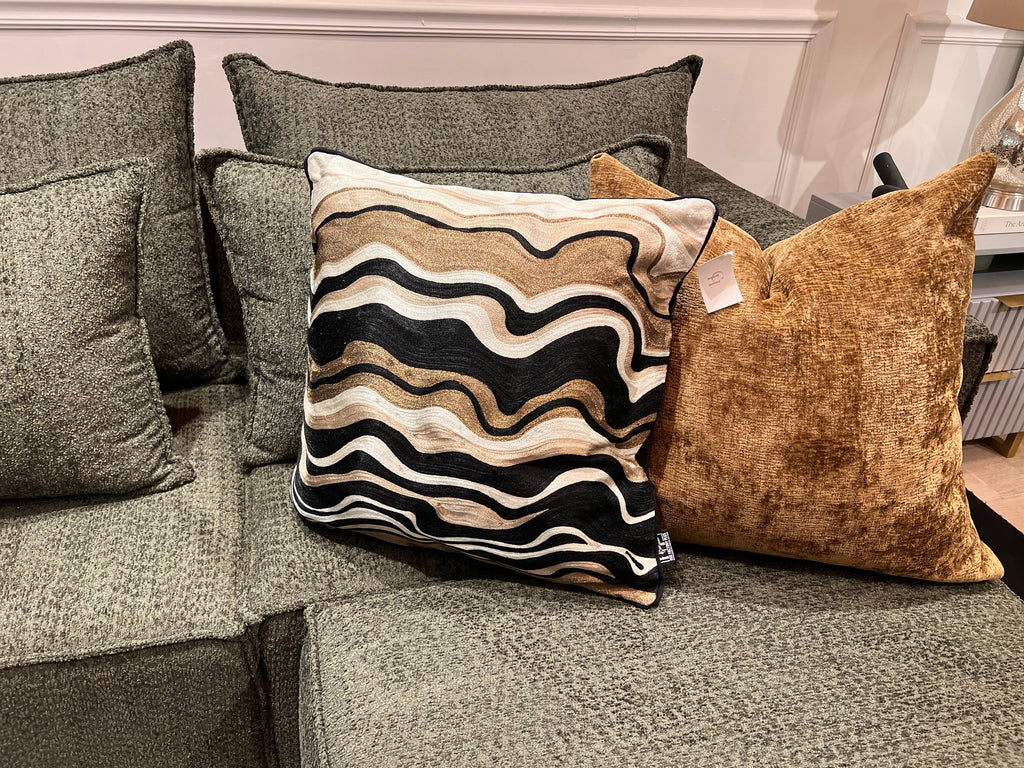 Black Velvet Throw Pillow with Bronze, Black, Beige & Ivory Abstract Embroidery - SEV005.