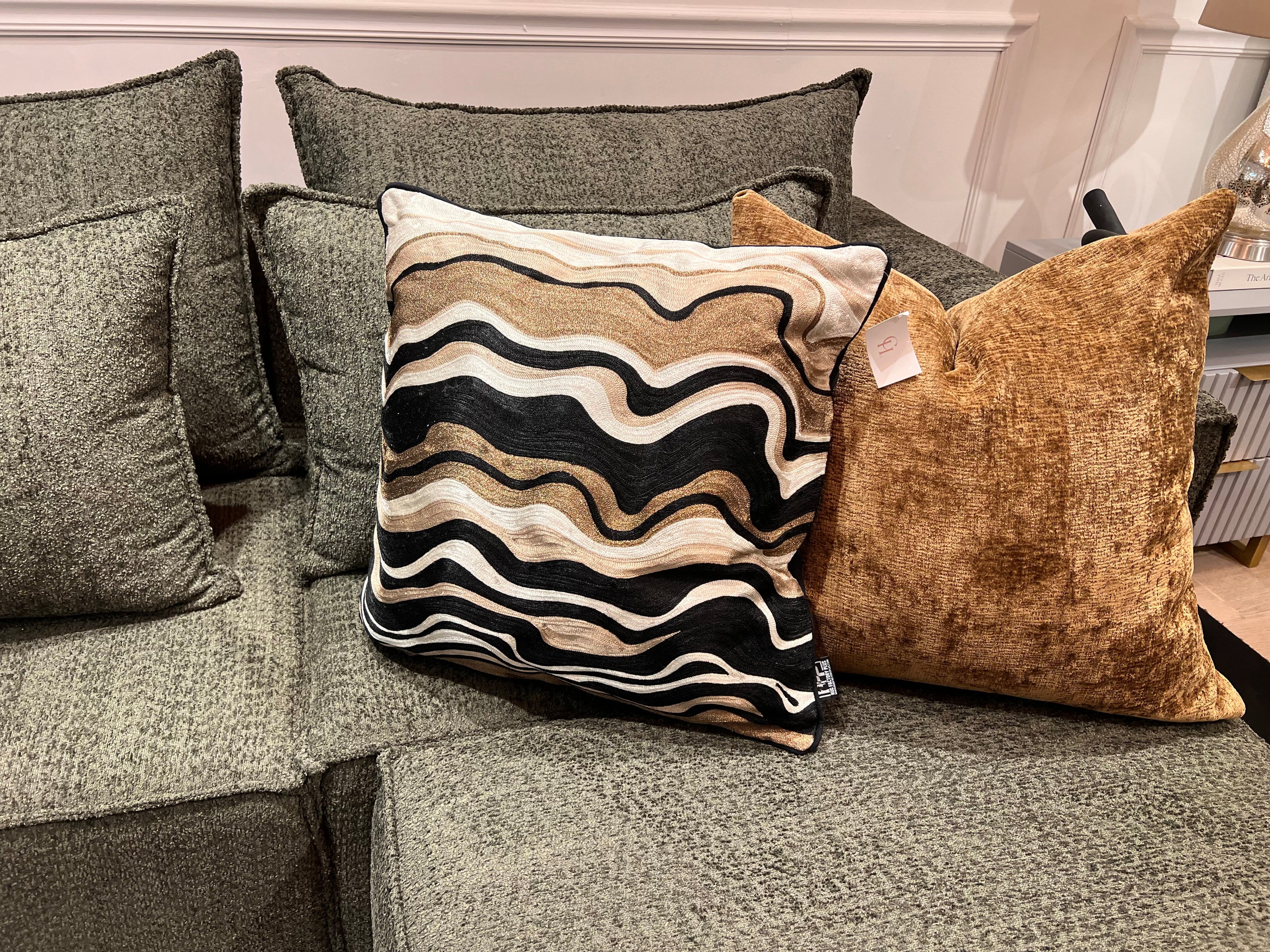 Black Velvet Throw Pillow with Bronze, Black, Beige & Ivory Abstract Embroidery - SEV005.
