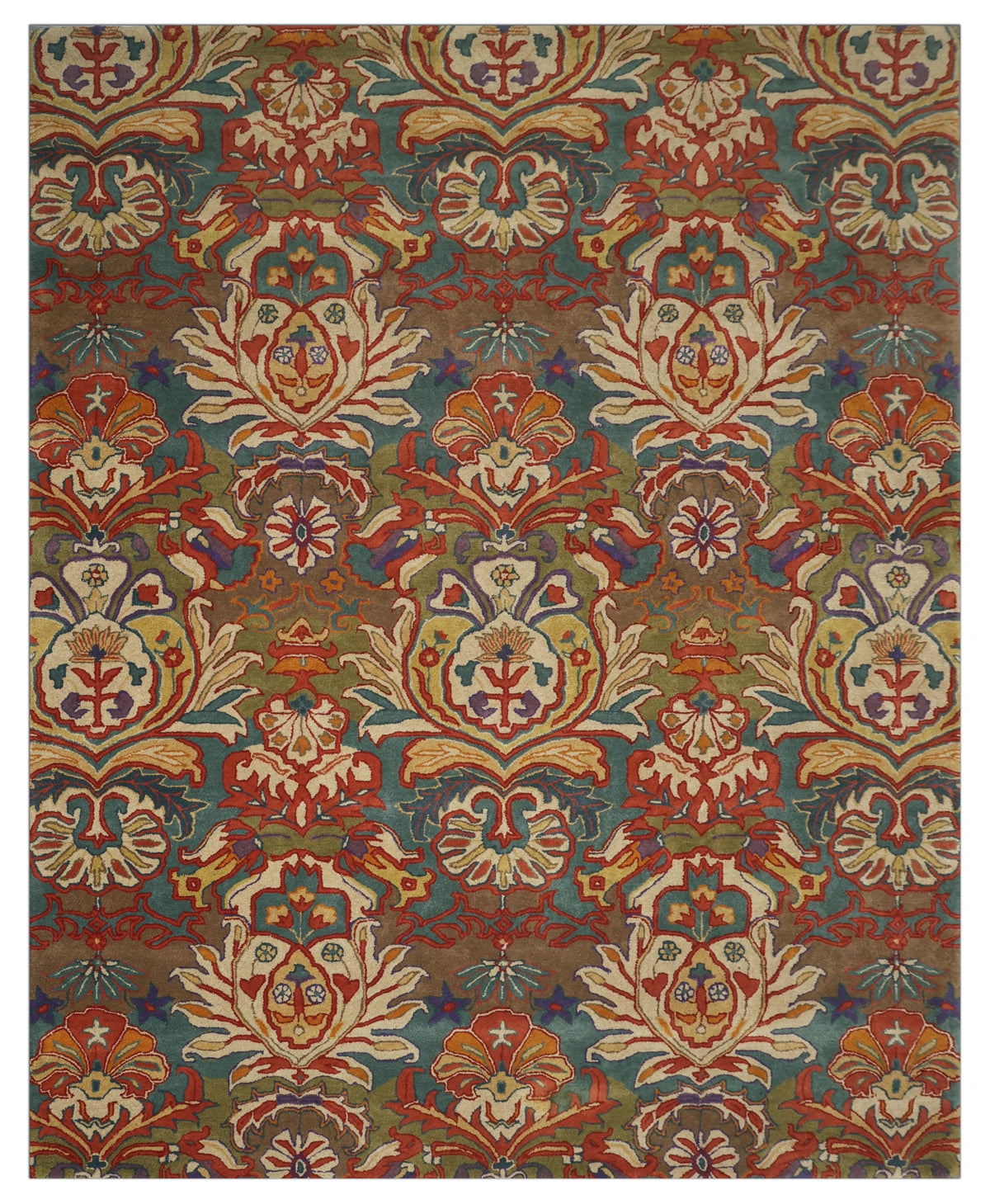 Decorative rug with intricate patterns in red, blue, and beige on a brown background