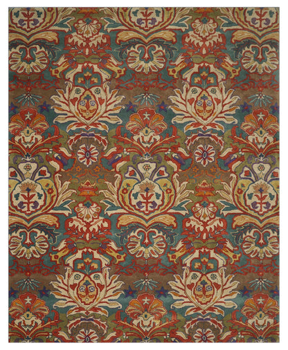 Decorative rug with intricate patterns in red, blue, and beige on a brown background
