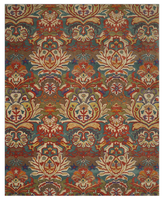 Decorative rug with intricate patterns in red, blue, and beige on a brown background