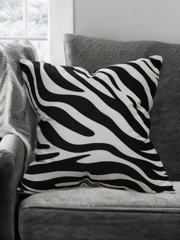 Chic Velvet Accent Throw Pillow – White Abstract with Sleek Black Zebra Design - VIVA020.