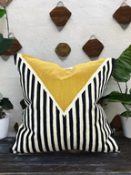 White Base Decorative Throw Pillow with Black & Ivory Geometric Embroidery and Mustard Graphic - VIVA012.