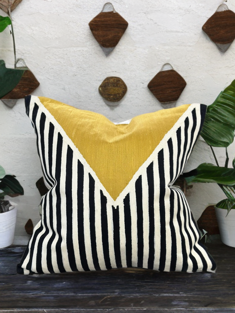 White Base Decorative Throw Pillow with Black & Ivory Geometric Embroidery and Mustard Graphic - VIVA012.