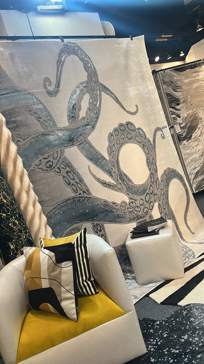 Soft-Touch Light Grey Rug Featuring Metallic Octopus/Tentacle Design in Sheer Black or Blue - Z339A (POL805)