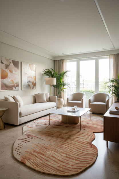 Modern living room with a beige sofa, coffee table, and decorative rug.