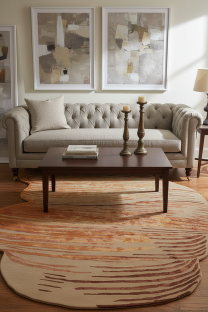 Living room with a beige sofa, wooden coffee table, and abstract art on the wall.