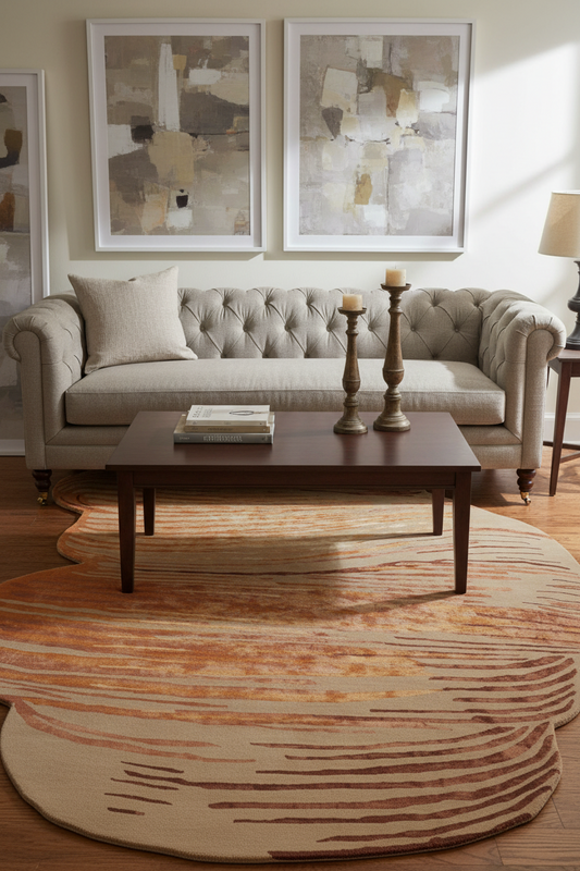 Living room with a beige sofa, wooden coffee table, and abstract art on the wall.