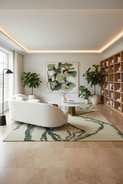 Modern living room with a white sofa, abstract art, and decorative plants.