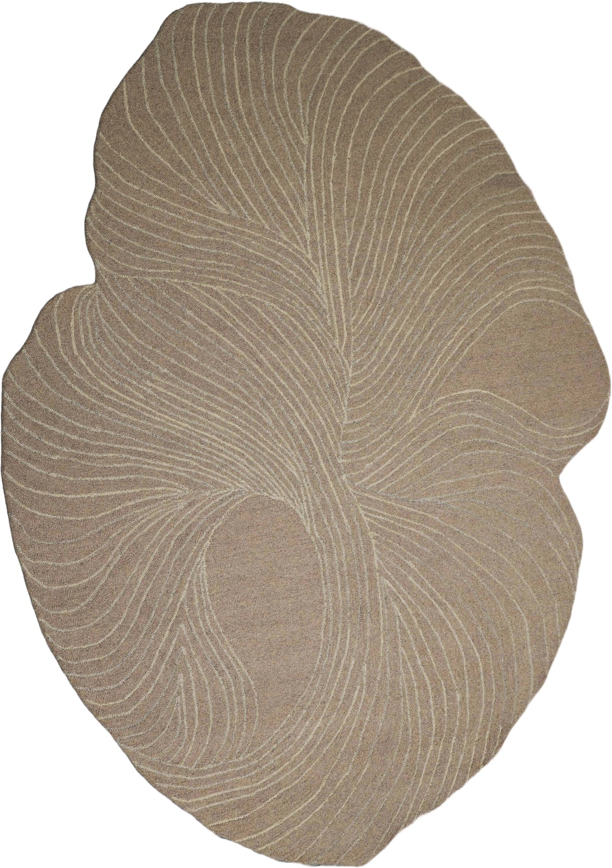 Beige area rug with a swirling pattern on a white background