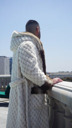 Winter Luxurious Offwhite Faux Fur Hooded Robe