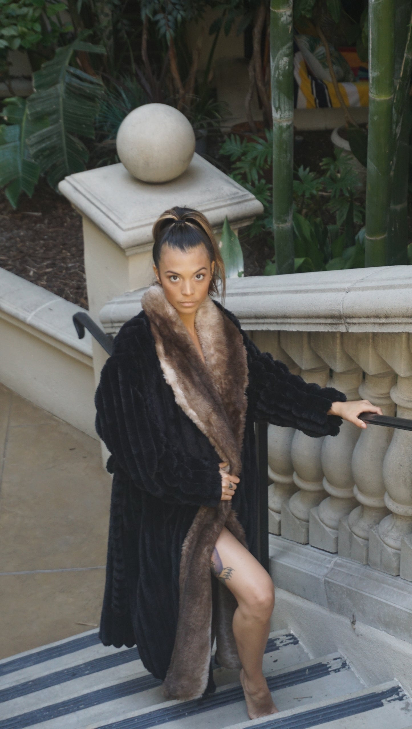 Faux Fur Long Sleeve Robe / Coat Black