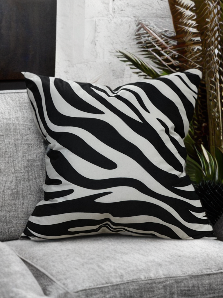 Chic Velvet Accent Throw Pillow – White Abstract with Sleek Black Zebra Design - VIVA020.