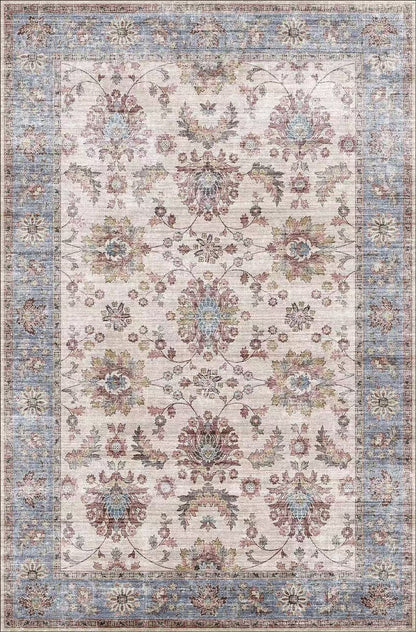 Decorative floral rug with a pattern of flowers and leaves on a beige background