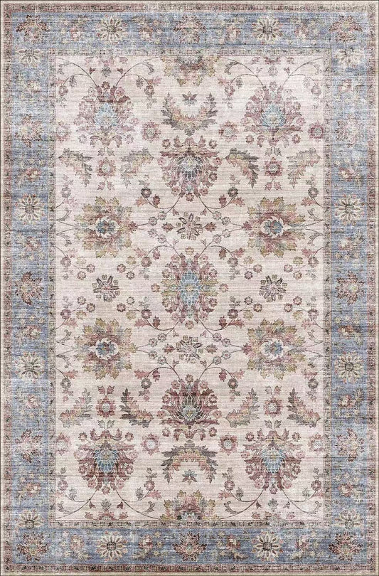 Decorative floral rug with a pattern of flowers and leaves on a beige background