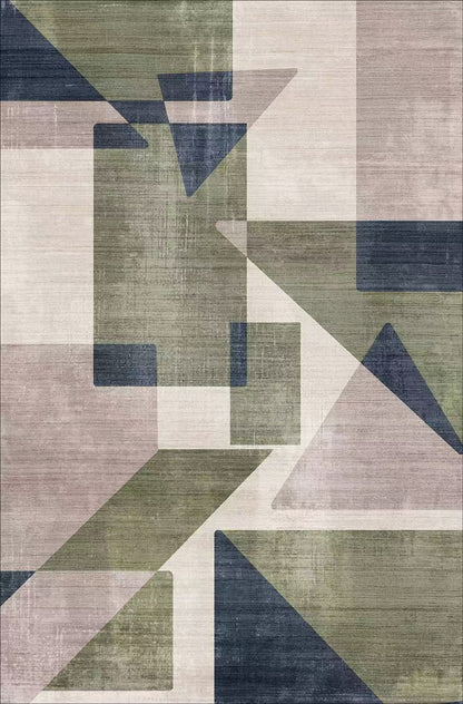 Geometric patterned rug with triangles in green, blue, and beige.