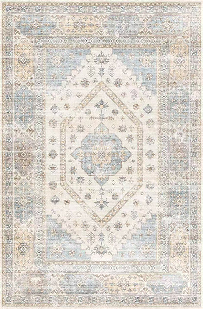 Decorative rug with intricate patterns in beige, blue, and brown on a light background