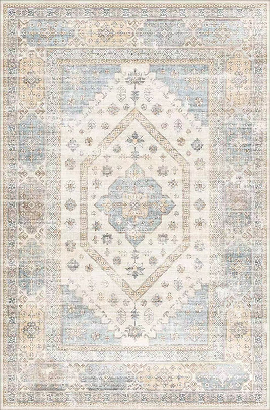 Decorative rug with intricate patterns in beige, blue, and brown on a light background