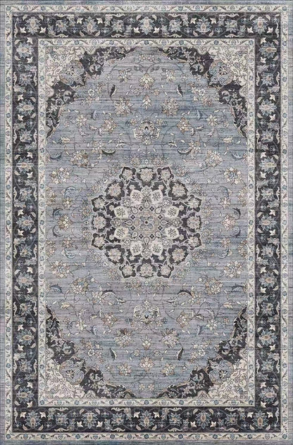 Decorative rug with a central floral design and intricate border on a light blue background