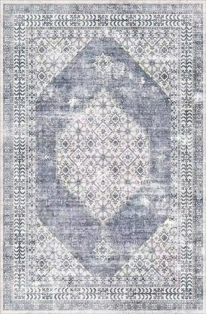 Decorative rug with geometric pattern in blue and gray tones