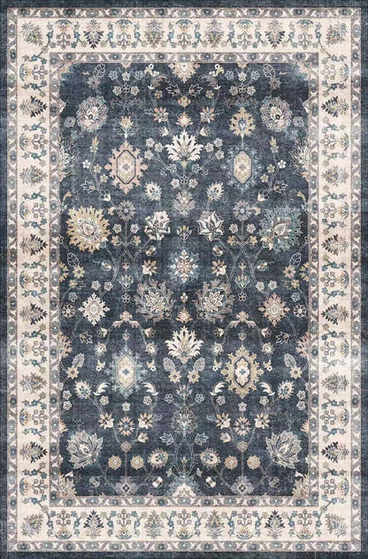 Decorative floral rug with a blue and beige pattern on a white background