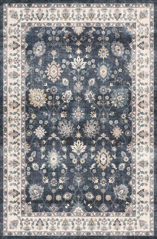 Decorative floral rug with a blue and beige pattern on a white background