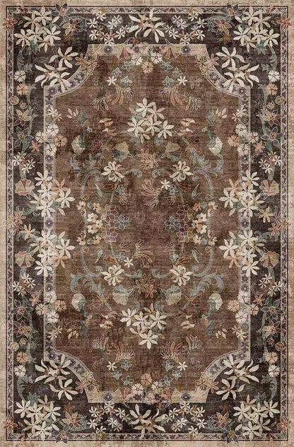 Decorative rug with floral patterns on a brown background