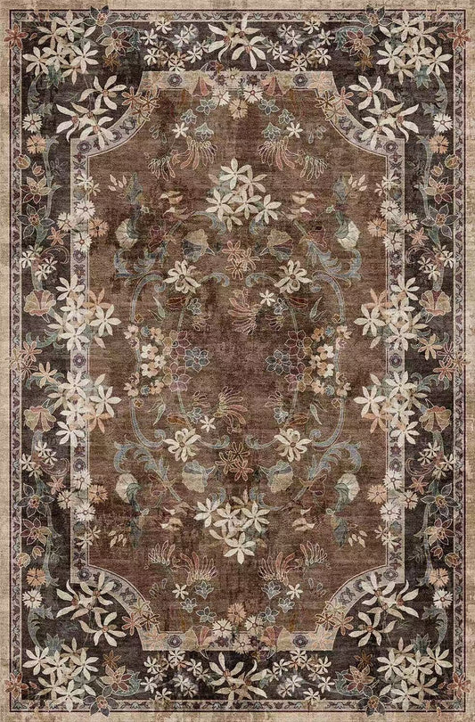 Decorative rug with floral patterns on a brown background