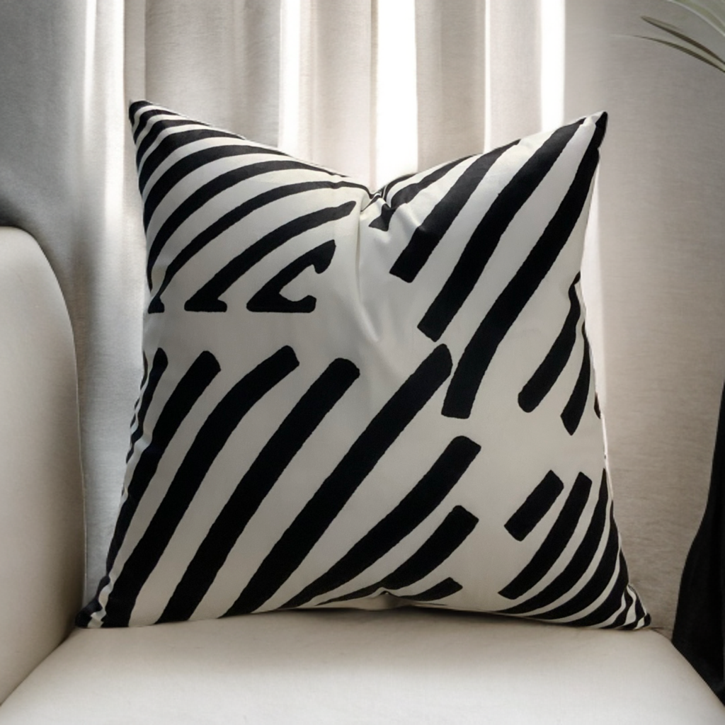 White Throw Pillow with Bold Black Velvet Geometric Design - VIVA019.