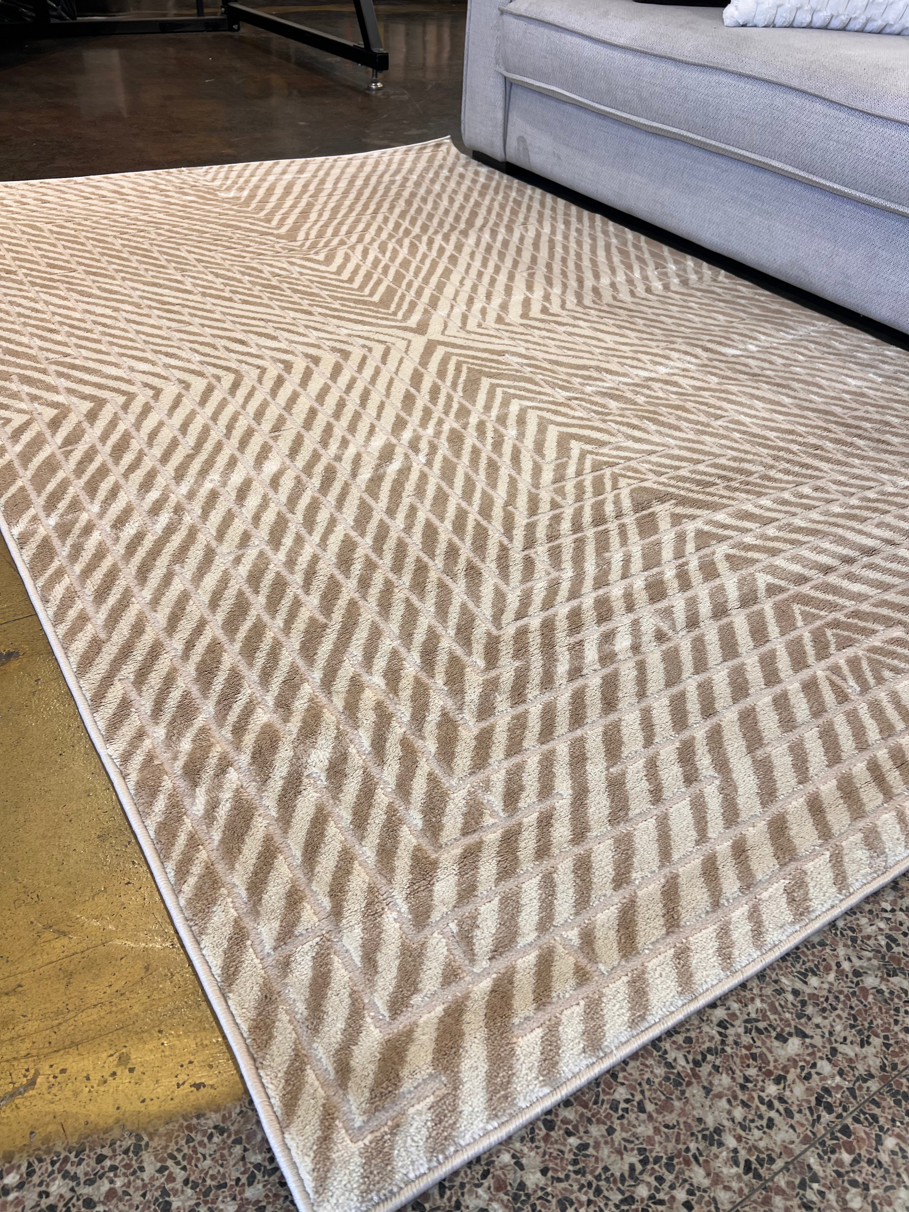 Mirage Geometrical Linear Rug in Sandy Beige with Warm Mocha Tone-on-Tone High-Low Detail - NUDE 25