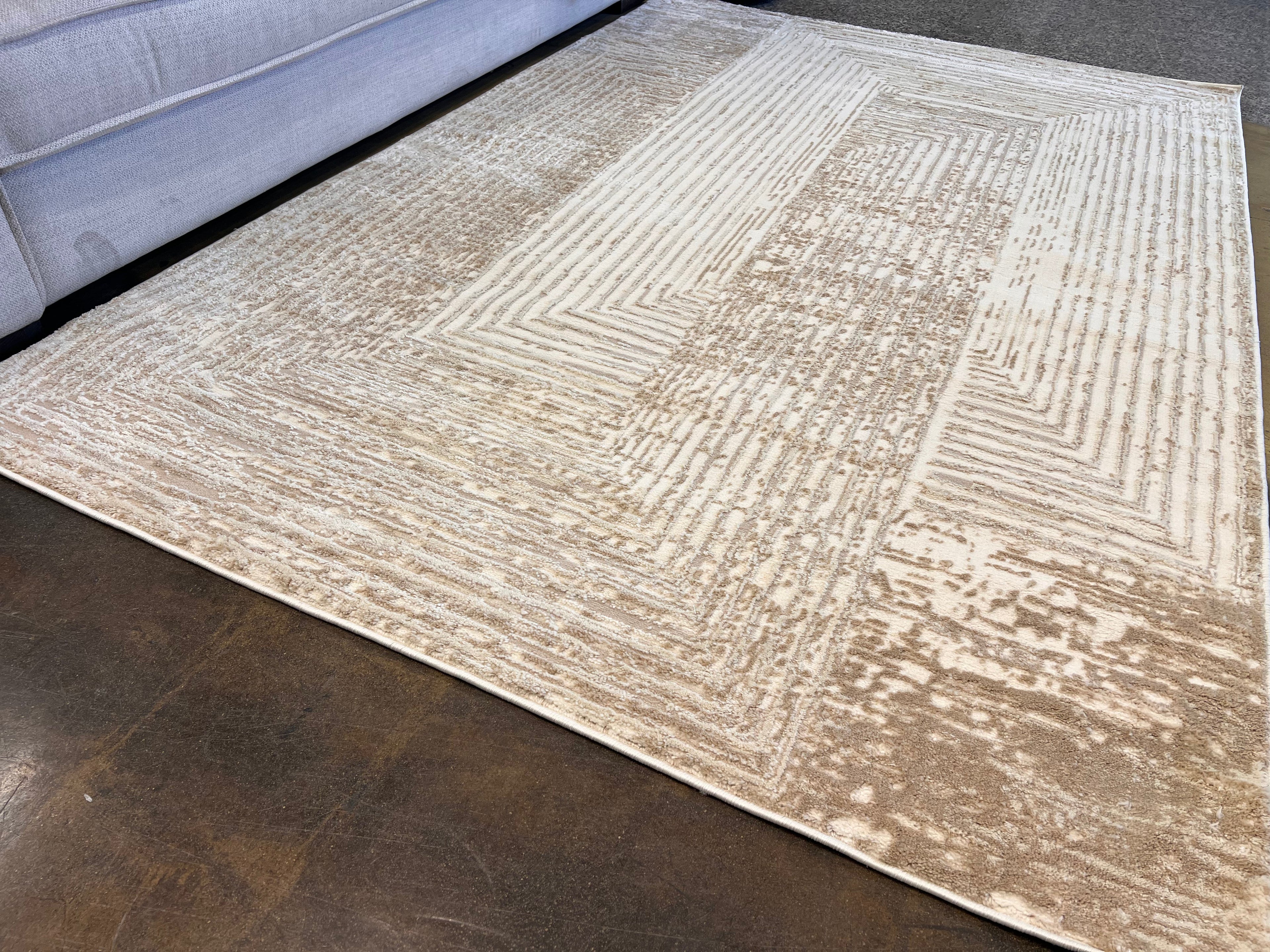 Geometric Linear Crème Beige Rug in Warm Mocha Tone-on-Tone High-Low Texture - NUDE 21