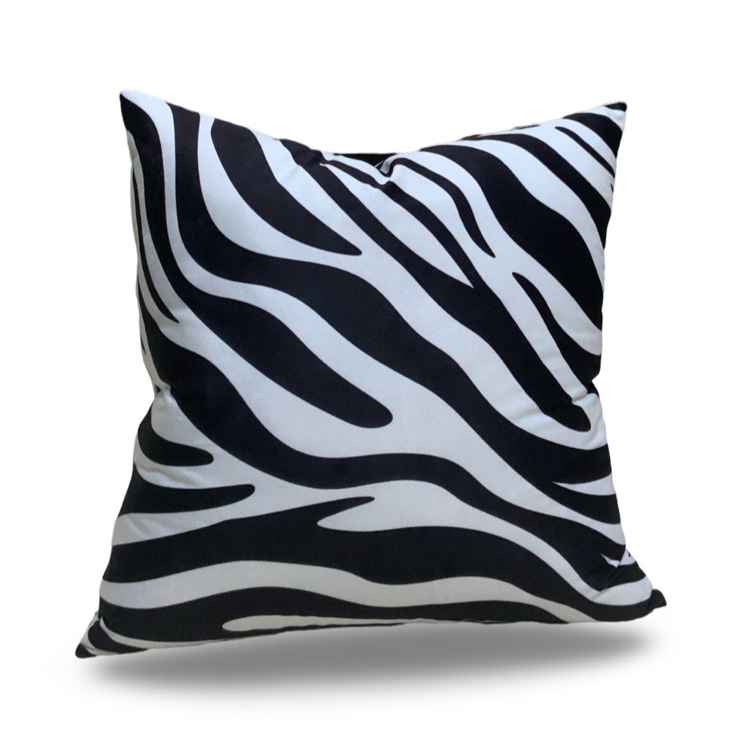Chic Velvet Accent Throw Pillow – White Abstract with Sleek Black Zebra Design - VIVA020.