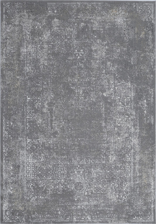 Charcoal Grey High-Low Rug with Elegant Silver Oriental Design and Bronze Touches - KAI 205