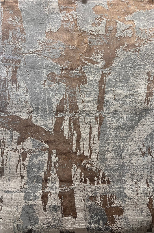 Contemporary Viscose Rug – Light Grey & Gold Accents with Two-Tone Copper Bronze Abstract Design - KAI 213
