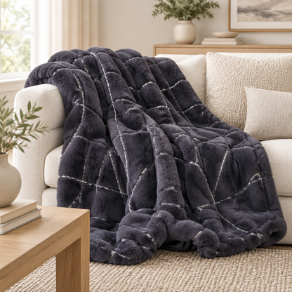 Metallic Golden Scattered Shimmery Design Faux Rabbit Touch Soft Throw Blanket - Coverlet/ Quilt/ Throw/ Bedspread/ Bedcover