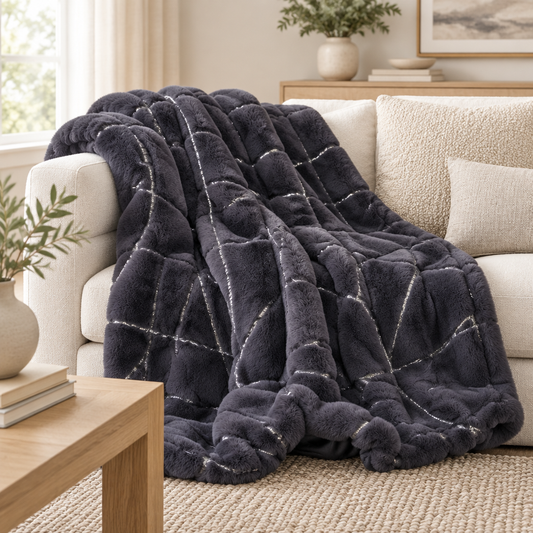 Metallic Golden Scattered Shimmery Design Faux Rabbit Touch Soft Throw Blanket - Coverlet/ Quilt/ Throw/ Bedspread/ Bedcover