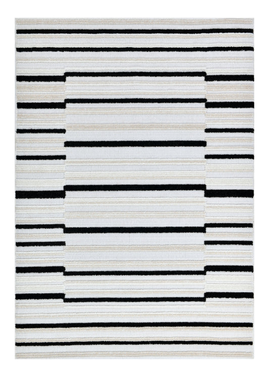 Soft Cream Rug with High-Low 3D Detail with Black/Neutral Striped Bohemian Motif - TIA 102.