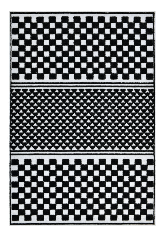 Bohemian Cream Rug – Black Geometric Pattern with Raised High-Low Detail - TIA 108.