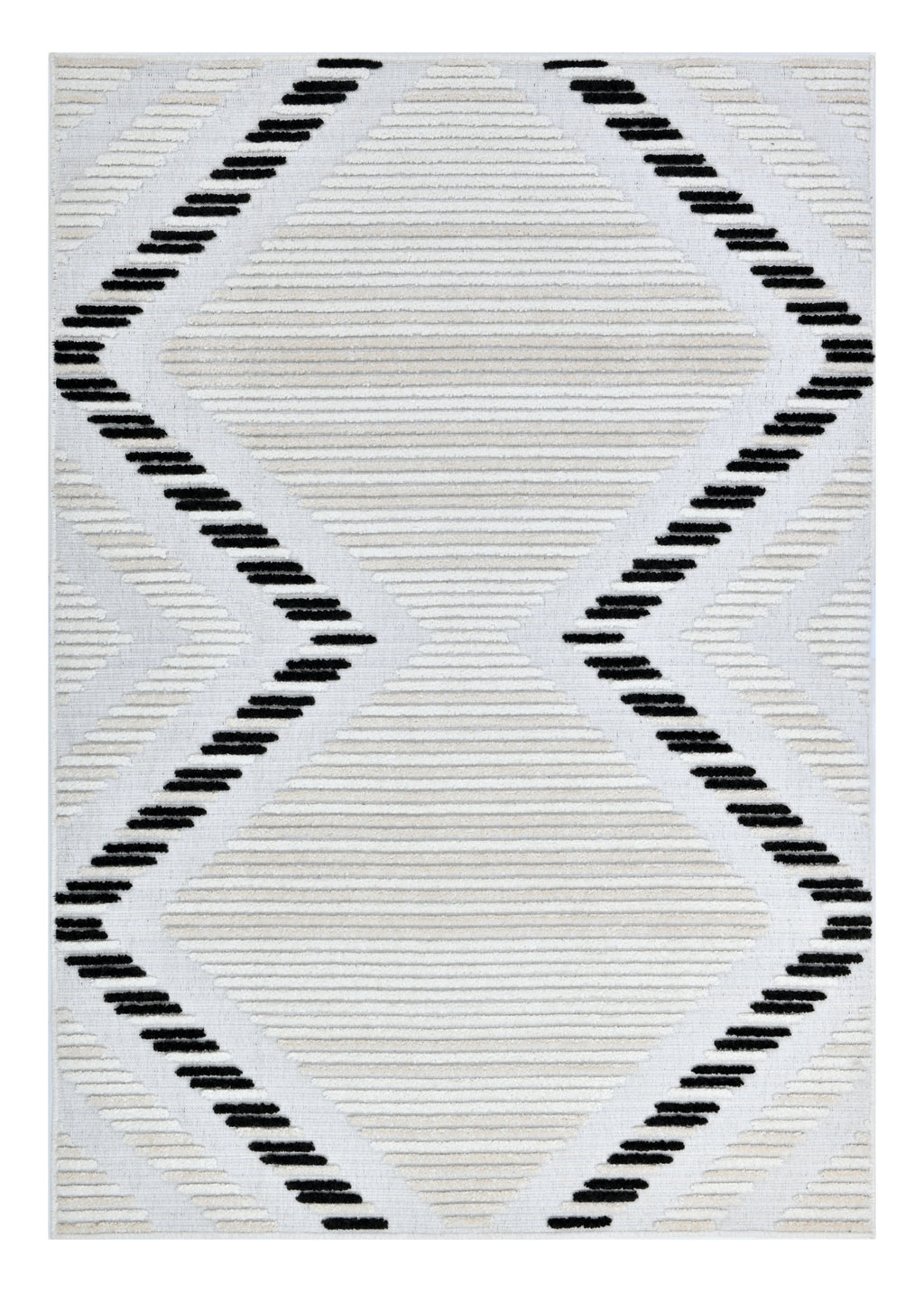 Soft Cream Rug with High-Low Detail and Black/Beige Bohemian Motif - TIA 109.