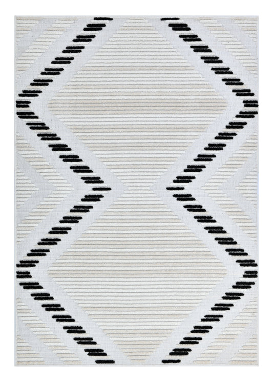 Soft Cream Rug with High-Low Detail and Black/Beige Bohemian Motif - TIA 109.