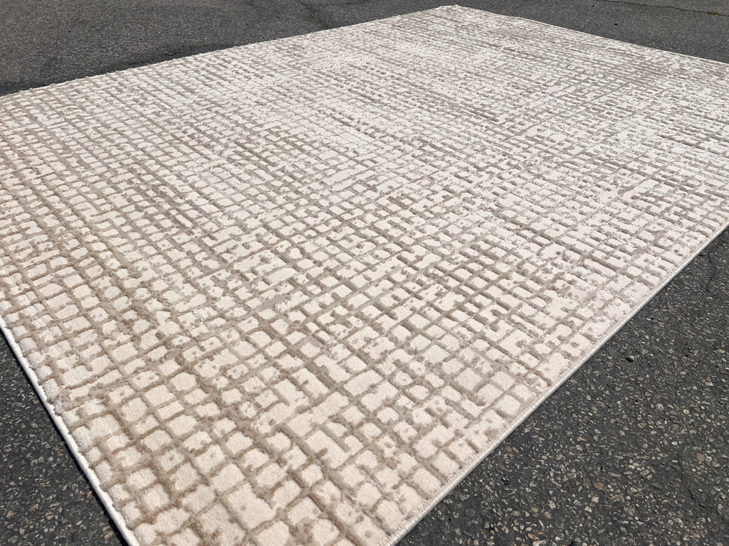 Squared Geometric Tone-on-Tone Rug in Creamy Sandy Beige with Mocha High-Low Texture - NUDE 26