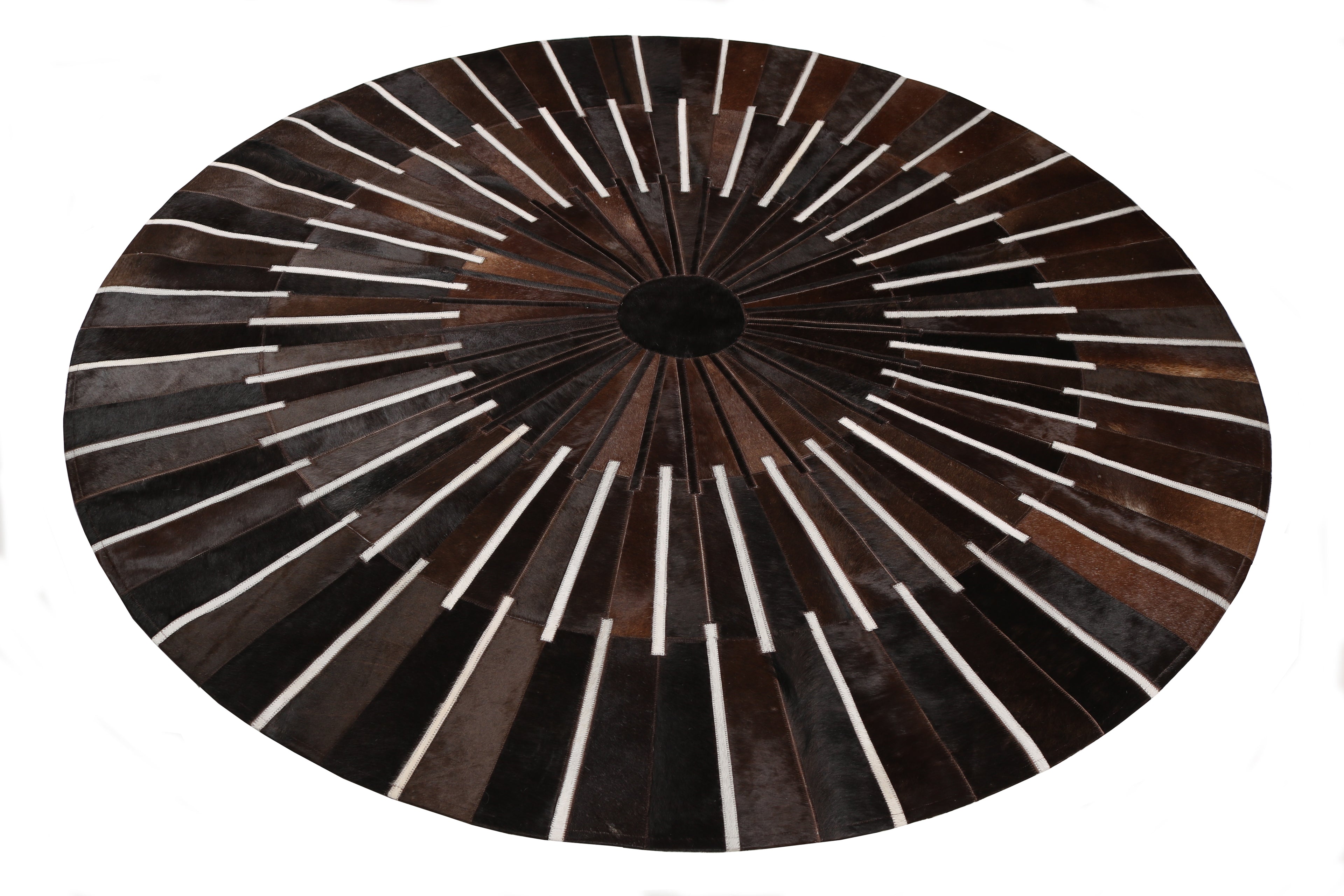 Geometric Round Cowhide Patchwork Rug – Black with Charcoal Stripes - Patchwork PCH216 Round