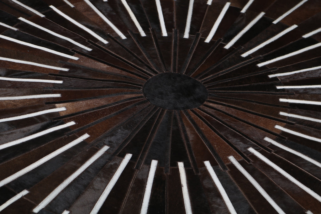 Geometric Round Cowhide Patchwork Rug – Black with Charcoal Stripes - Patchwork PCH216 Round