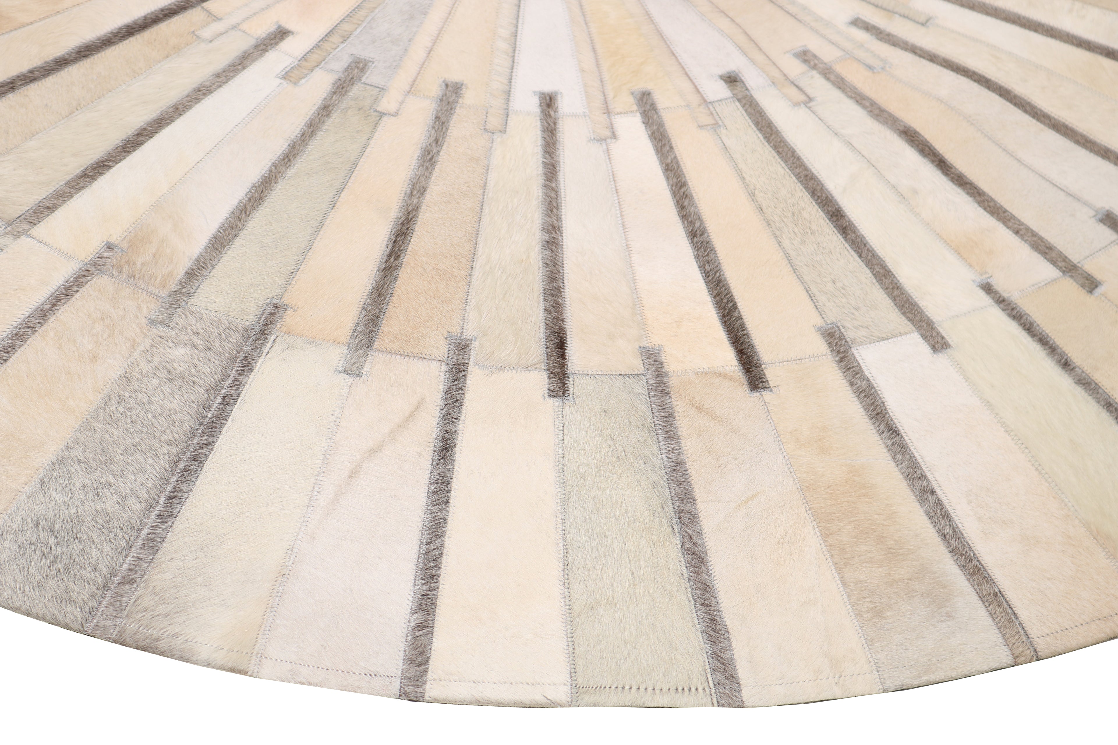 Geometric Round Cowhide Patchwork Rug – Black with Charcoal Stripes - Patchwork PCH216 Round