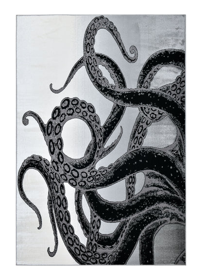 Soft-Touch Light Grey Rug Featuring Metallic Octopus/Tentacle Design in Sheer Black or Blue - Z339A (POL805)