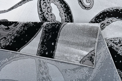 Soft-Touch Light Grey Rug Featuring Metallic Octopus/Tentacle Design in Sheer Black or Blue - Z339A (POL805)