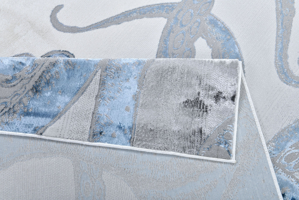 Soft-Touch Light Grey Rug Featuring Metallic Octopus/Tentacle Design in Sheer Black or Blue - Z339A (POL805)