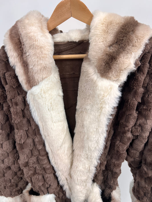Stylish Soft-Touch Faux Fur Chocolate Robe with Tone-on-Tone Champaign Cozy Interior – Perfect for Lounging or Luxe Outdoor Wear - REXA ROBE 4.