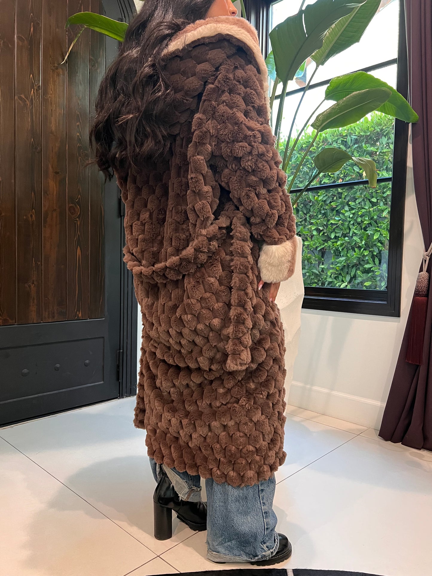Stylish Soft-Touch Faux Fur Chocolate Robe with Tone-on-Tone Champaign Cozy Interior – Perfect for Lounging or Luxe Outdoor Wear - REXA ROBE 4.