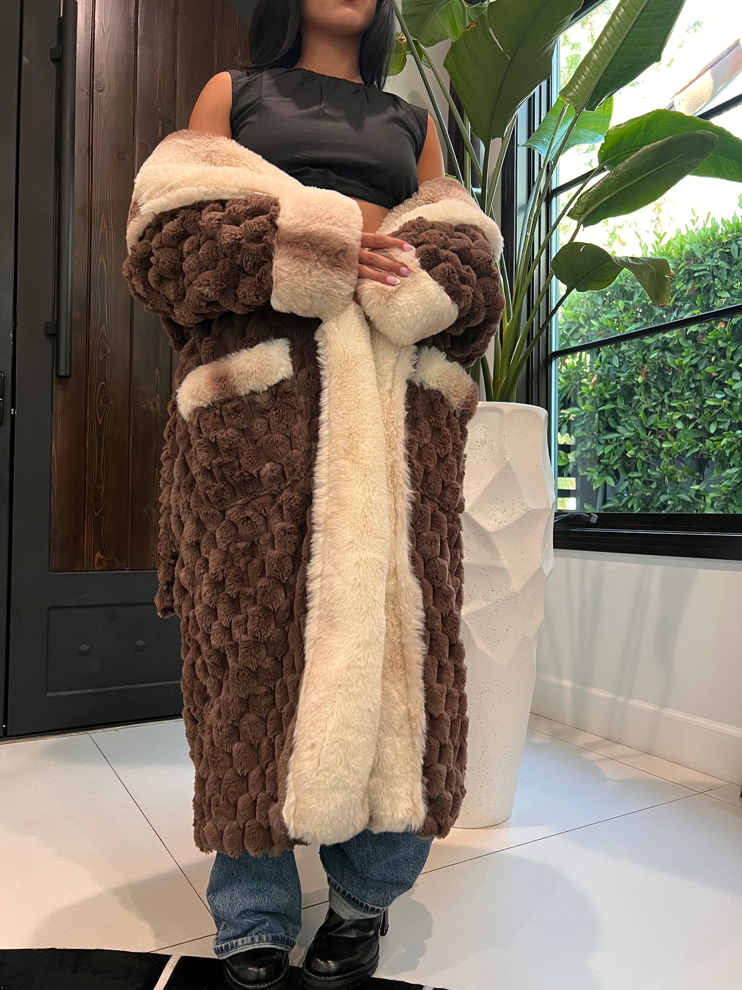 Stylish Soft-Touch Faux Fur Chocolate Robe with Tone-on-Tone Champaign Cozy Interior – Perfect for Lounging or Luxe Outdoor Wear - REXA ROBE 4.